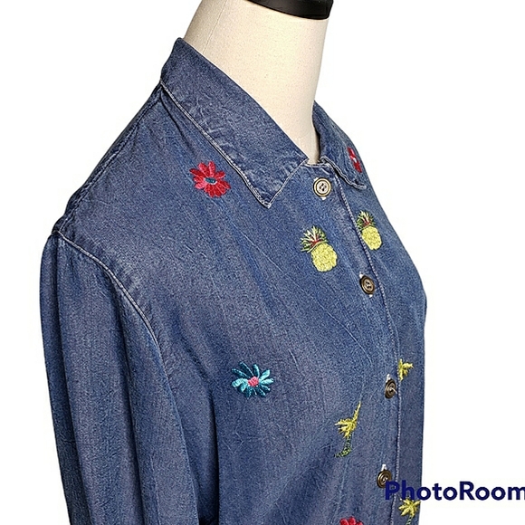 Tencel Tropical Embroidered Buttondown Retro Preppy Vacation Cruise Spring Top L - Picture 3 of 15